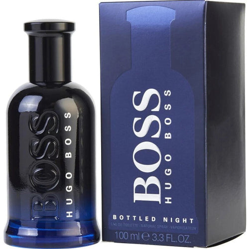 Hugo Boss Bottled Night perfume bottle and packaging on a white background